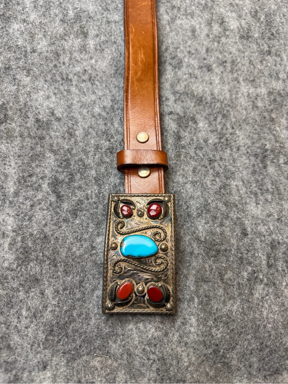 Handcrafted Brown Leather Belt with Turquoise & Red Stone Buckle Size 44